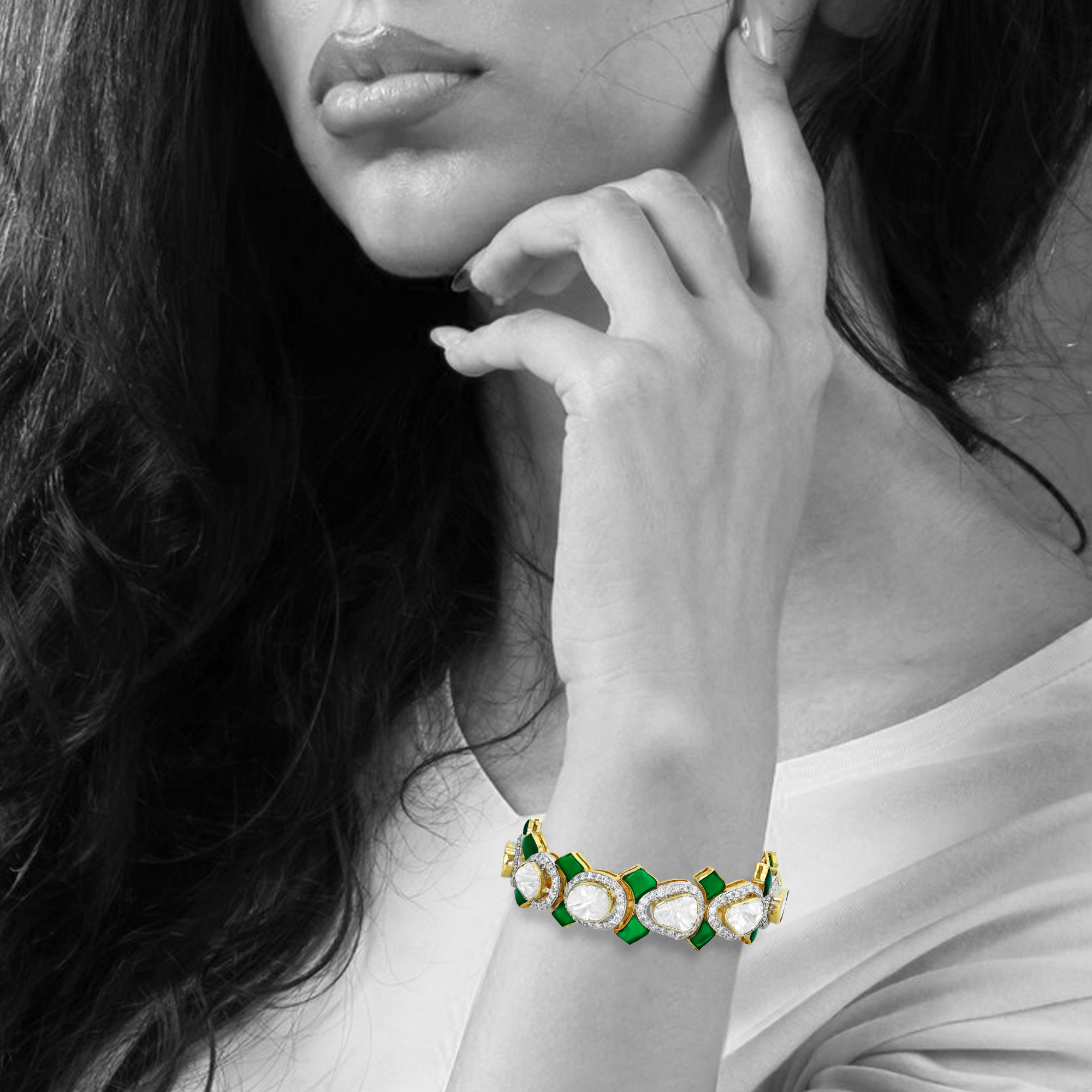 Polki and Green Stone Bracelet with Full-Cut Diamond Frames